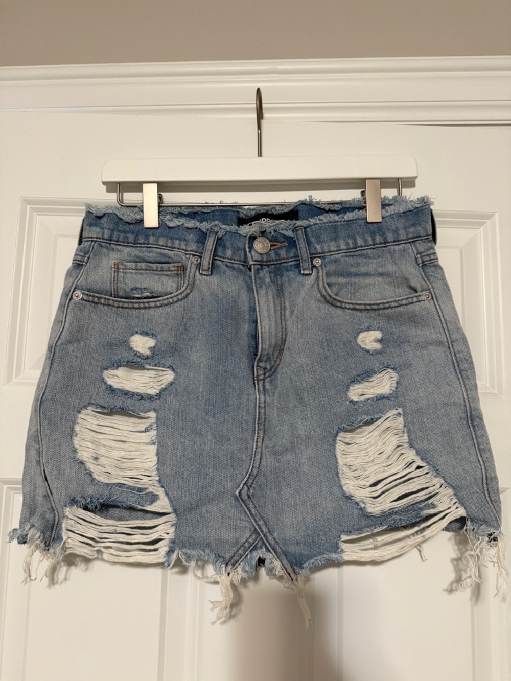 Express Light Blue Distressed Denim Mini Skirt